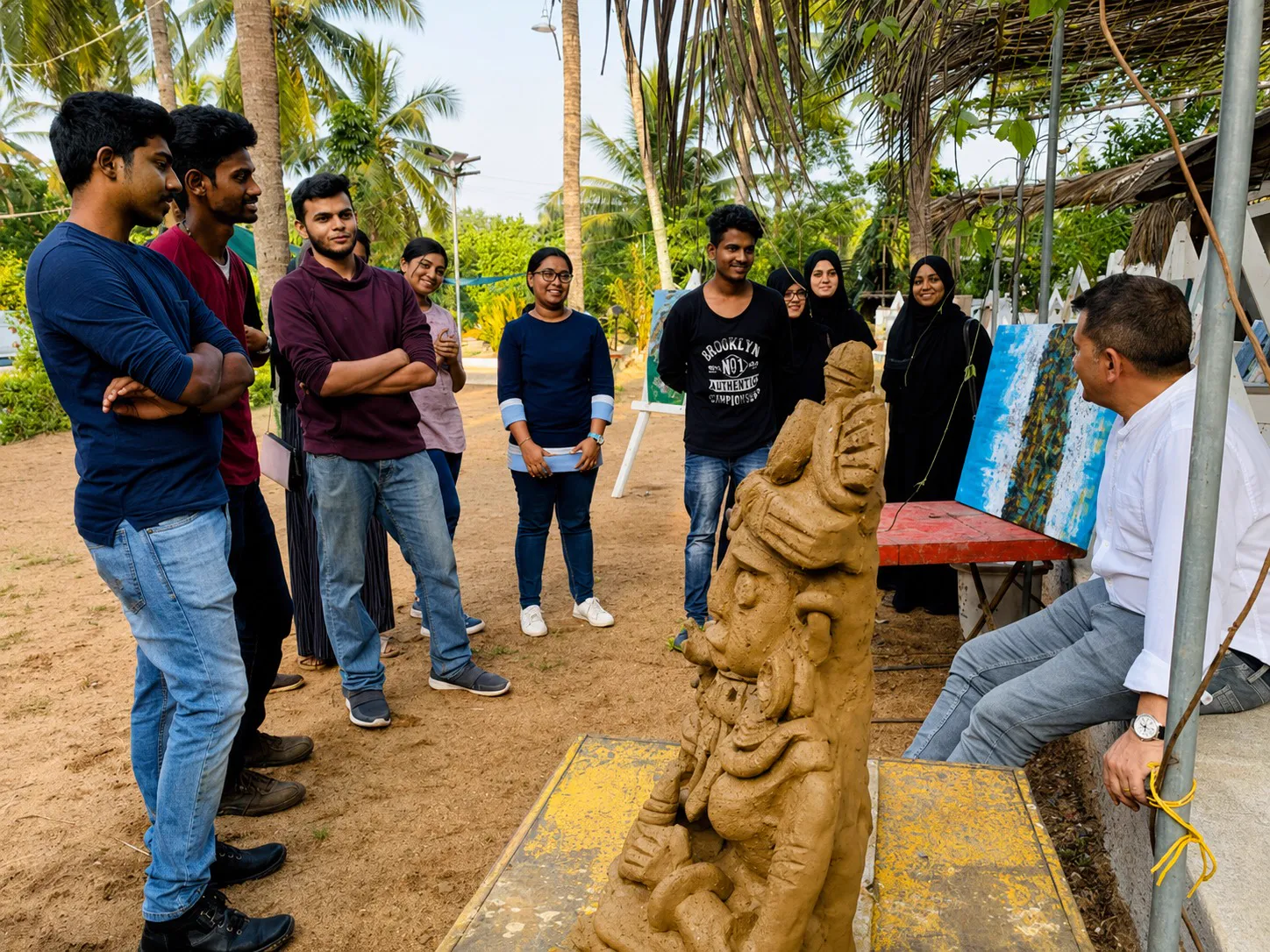 Artist Akhter Husain having a conversation with fellow artists